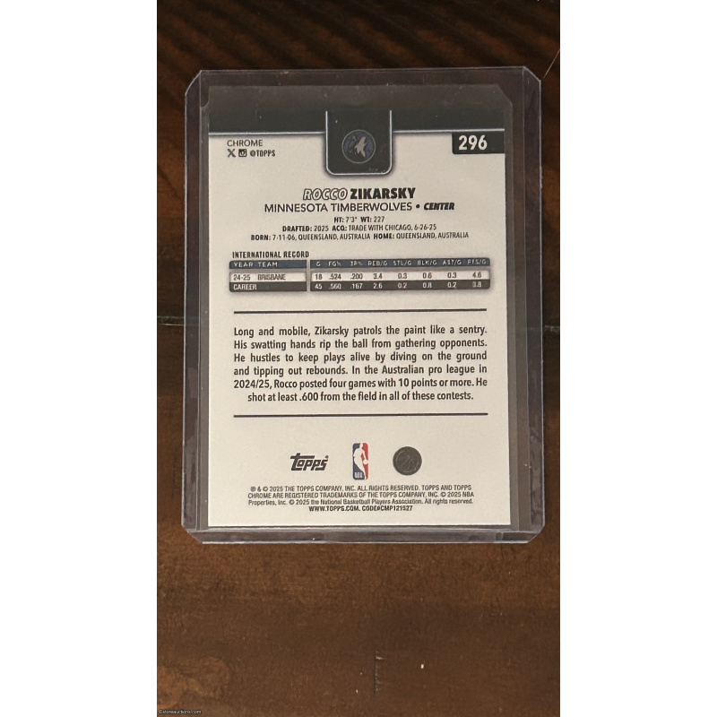 2025-26 Topps Chrome Rocco Zikarsky #295 Minnesota Timberwolves RC